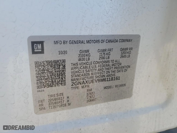 2021 Chevrolet Equinox LT with VIN 2GNAXUEV9M6118161, listed as a Copart auction lot 44643595 with 101,864 mi miles and Salvage Title. Bid and sale history available at carsss.com. Image 15.