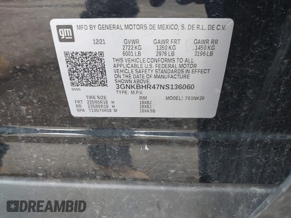 2022 Chevrolet Blazer LT with VIN 3GNKBHR47NS136060, listed as a IAAI auction lot 42181642 with Not provided miles and . Bid and sale history available at DreamBid. Image 9.