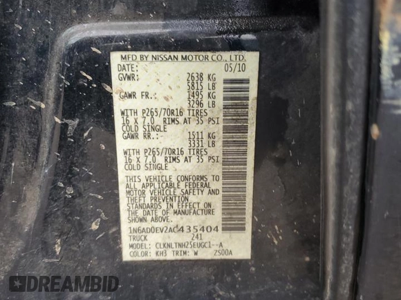 2010 Nissan Frontier SE with VIN 1N6AD0EV2AC435404, listed as a Copart auction lot 85863774 with Not provided miles and Salvage title. Bid and sale history available at DreamBid. Image 12.