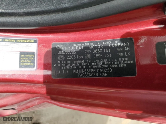 2006 Hyundai Tiburon GT with VIN KMHHN65F86U190230, listed as a Copart auction lot 47736175 with 156,991 mi miles and Non Repairable. Bid and sale history available at carsss.com. Image 14.