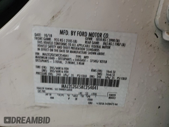 2019 Ford EcoSport SE with VIN MAJ3S2GE5KC254041, listed as a Copart auction lot 46132304 with 9,192 mi miles and Salvage Title. Bid and sale history available at DreamBid. Image 13.