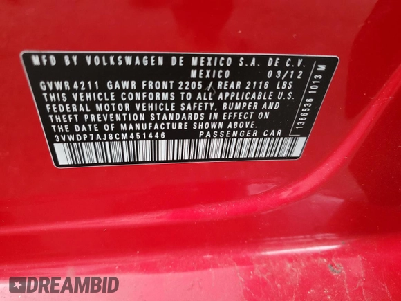 2012 Volkswagen Jetta SE with VIN 3VWDP7AJ8CM451446, listed as a Copart auction lot 61433295 with 134,196 mi miles and Salvage title. Bid and sale history available at DreamBid. Image 12.