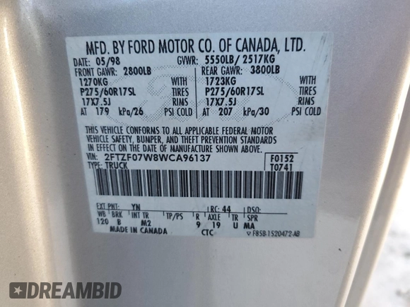 1998 Ford F-150 with VIN 2FTZF07W8WCA96137, listed as a Copart auction lot 82886074 with 181,690 mi miles and Salvage title. Bid and sale history available at DreamBid. Image 12.