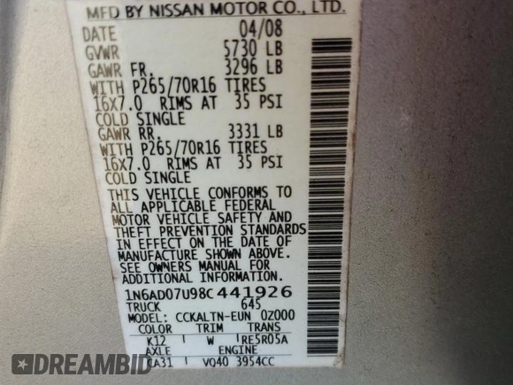 2008 Nissan Frontier SE z VIN 1N6AD07U98C441926, wystawiony jako Copart lot #84205144 z przebiegiem Nie podano mil oraz Szkoda całkowita • Salvage title. Historia ofert i sprzedaży dostępna na DreamBid. Obrazek 14.