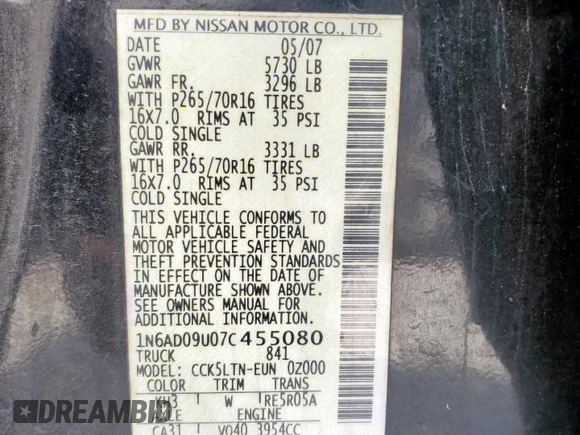 2007 Nissan Frontier SE z VIN 1N6AD09U07C455080, wystawiony jako Copart lot #50559445 z przebiegiem 134 728 mil mil oraz Czysty tytuł • Clean title. Historia ofert i sprzedaży dostępna na DreamBid. Obrazek 12.