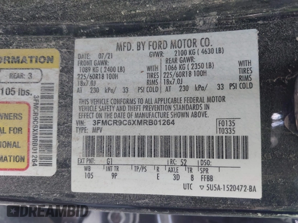 2021 Ford Bronco Sport Outer Banks with VIN 3FMCR9C6XMRB01264, listed as a IAAI auction lot 42301085 with Not provided miles and . Bid and sale history available at DreamBid. Image 9.