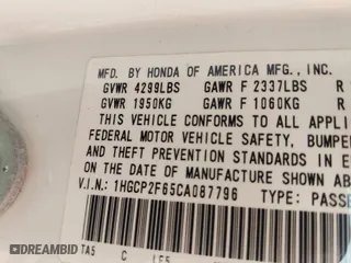 2012 Honda Accord Sdn SE with VIN 1HGCP2F65CA087796, listed as a IAAI auction lot 42021553 with 252,639 mi miles. Bid and sale history available at carsss.com. Image 9.
