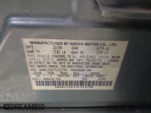 2007 Nissan Altima 2.5 with VIN 1N4AL21E27C111794, listed as a IAAI auction lot 42027082 with 185,656 mi miles. Bid and sale history available at carsss.com. Image 9.