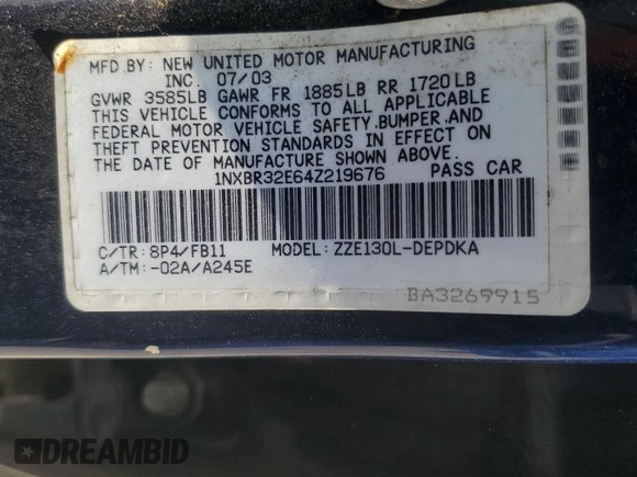 2004 Toyota Corolla CE with VIN 1NXBR32E64Z219676, listed as a Copart auction lot 54433135 with 187,495 mi miles and Salvage Title. Bid and sale history available at DreamBid. Image 12.