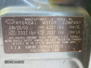 2004 Hyundai Sonata GLS with VIN KMHWF35H94A919578, listed as a IAAI auction lot 41958858 with 109,192 mi miles. Bid and sale history available at carsss.com. Image 9.