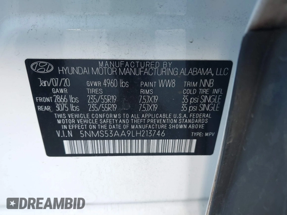2020 Hyundai Santa Fe Limited with VIN 5NMS53AA9LH213746, listed as a IAAI auction lot 41306902 with 55,713 mi miles and . Bid and sale history available at DreamBid. Image 9.
