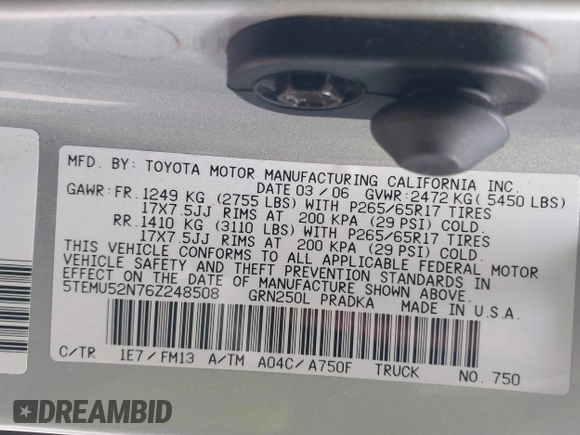 2006 Toyota Tacoma with VIN 5TEMU52N76Z248508, listed as a IAAI auction lot 41787569 with 121,525 mi miles and . Bid and sale history available at DreamBid. Image 9.