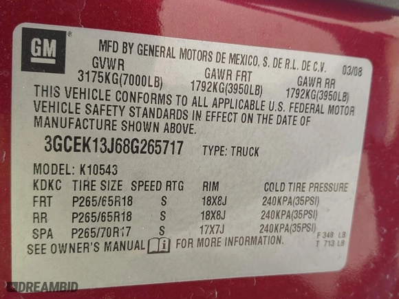 2008 Chevrolet Silverado 1500 LTZ with VIN 3GCEK13J68G265717, listed as a IAAI auction lot 41406840 with 232,153 mi miles. Bid and sale history available at carsss.com. Image 9.