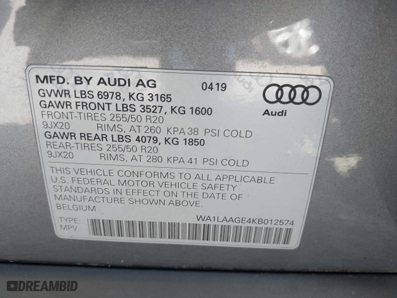 2019 Audi e-tron Premium Plus with VIN WA1LAAGE4KB012574, listed as a IAAI auction lot 41916641 with 104,911 mi miles. Bid and sale history available at carsss.com. Image 9.