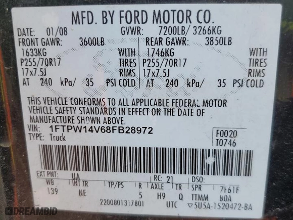 2008 Ford F-150 XLT with VIN 1FTPW14V68FB28972, listed as a Copart auction lot 51157685 with 207,553 mi miles and Salvage Title. Bid and sale history available at carsss.com. Image 12.
