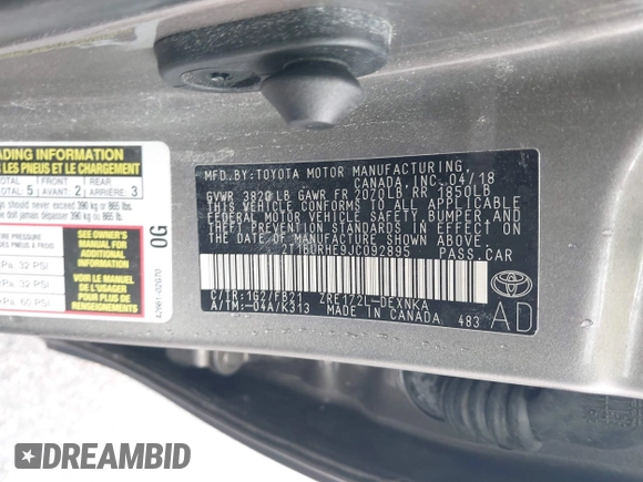 2018 Toyota Corolla L with VIN 2T1BURHE9JC092895, listed as a IAAI auction lot 42326623 with 135,046 mi miles and . Bid and sale history available at DreamBid. Image 9.