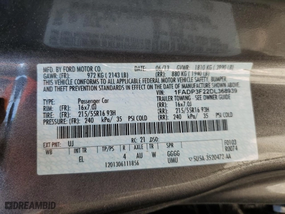 2013 Ford Focus SE with VIN 1FADP3F22DL368939, listed as a Copart auction lot 49710045 with 77,308 mi miles and Salvage Title. Bid and sale history available at carsss.com. Image 14.