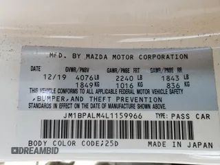 2020 Mazda Mazda3 Hatchback with VIN JM1BPALM4L1159966, listed as a Copart auction lot 42108503 with 54,743 mi miles. Bid and sale history available at carsss.com. Image 12.