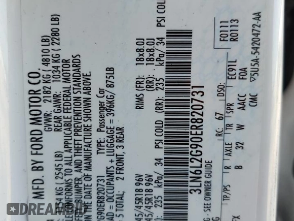 2014 Lincoln MKZ z VIN 3LN6L2G90ER820731, wystawiony jako Copart lot #57818185 z przebiegiem 133 133 mil mil oraz Szkoda całkowita • Salvage title. Historia ofert i sprzedaży dostępna na DreamBid. Obrazek 13.