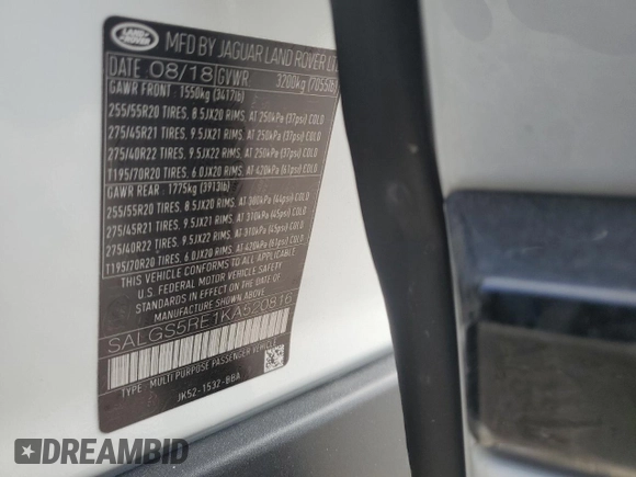 2019 Land Rover Range Rover с VIN SALGS5RE1KA520816, выставлен на аукционе Copart как лот 84727244 с пробегом 35 247 миль миль и Списание • Salvage title. История ставок и продаж доступна на DreamBid. Изображение 13.