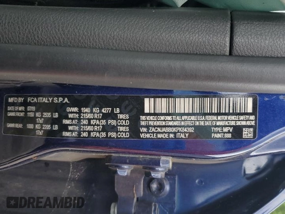 2019 Jeep Renegade Latitude with VIN ZACNJABB0KPK84392, listed as a Copart auction lot 61554635 with Not provided miles and Salvage title. Bid and sale history available at DreamBid. Image 13.