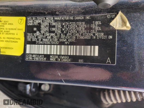 2006 Lexus RX 330 with VIN 2T2HA31U36C104267, listed as a Copart auction lot 50784835 with 217,425 mi miles and Salvage title. Bid and sale history available at DreamBid. Image 13.