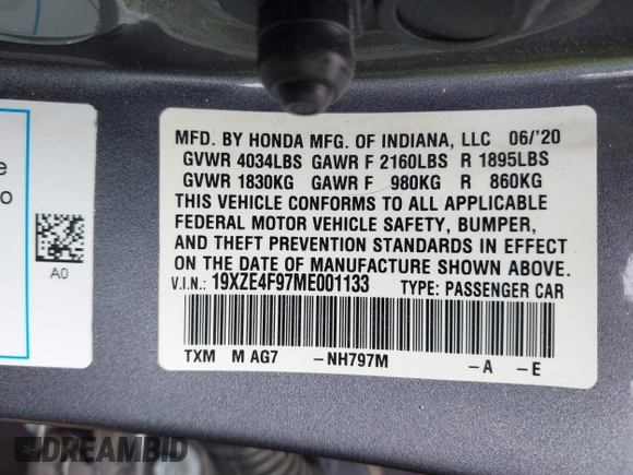 2021 Honda Insight Touring with VIN 19XZE4F97ME001133, listed as a IAAI auction lot 42477281 with 62,394 mi miles and . Bid and sale history available at DreamBid. Image 9.