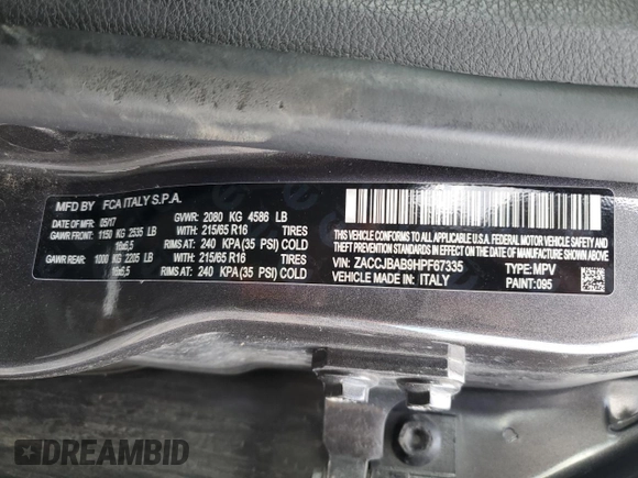 2017 Jeep Renegade Sport with VIN ZACCJBAB9HPF67335, listed as a Copart auction lot 42706375 with 94,351 mi miles and Salvage title. Bid and sale history available at DreamBid. Image 13.