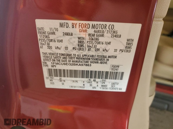 2011 Ford Escape Limited with VIN 1FMCU9EG2BKA97863, listed as a Copart auction lot 49207065 with 55,094 mi miles and Salvage Title. Bid and sale history available at DreamBid. Image 12.