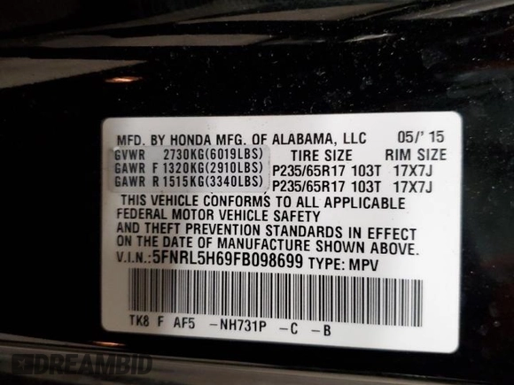2015 Honda Odyssey EX-L with VIN 5FNRL5H69FB098699, listed as a Copart auction lot 53849785 with 134,800 mi miles and Clean Title. Bid and sale history available at DreamBid. Image 14.