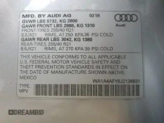 2018 Audi SQ5 Premium Plus with VIN WA1A4AFY6J2136631, listed as a Copart auction lot 46690244 with 57,001 mi miles and . Bid and sale history available at DreamBid. Image 13.