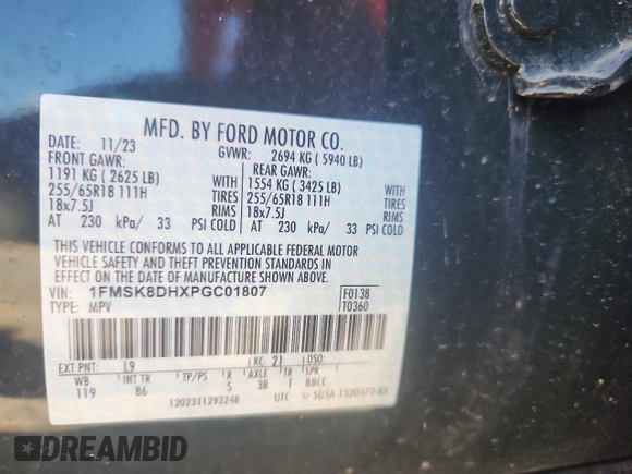 2023 Ford Explorer XLT с VIN 1FMSK8DHXPGC01807, выставлен на аукционе Copart как лот 63300005 с пробегом 43 097 миль миль и Списание • Salvage title. История ставок и продаж доступна на DreamBid. Изображение 13.
