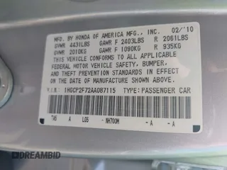 2010 Honda Accord EX with VIN 1HGCP2F72AA087115, listed as a IAAI auction lot 42537334 with 120,195 mi miles and . Bid and sale history available at DreamBid. Image 9.