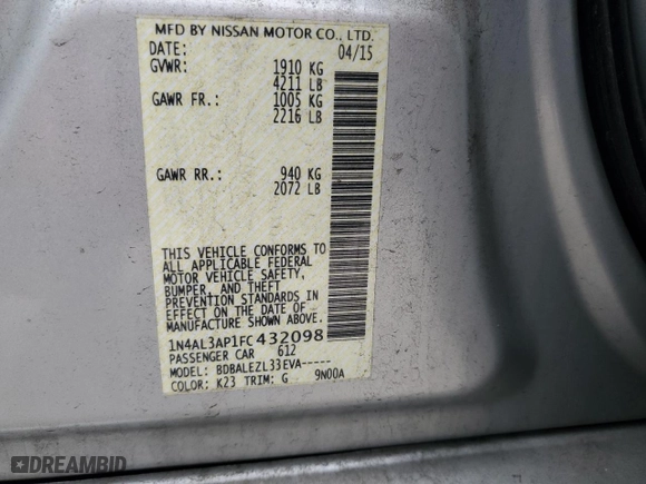 2015 Nissan Altima 2.5 SV with VIN 1N4AL3AP1FC432098, listed as a Copart auction lot 45276415 with 107,912 mi miles and Salvage Title. Bid and sale history available at carsss.com. Image 13.