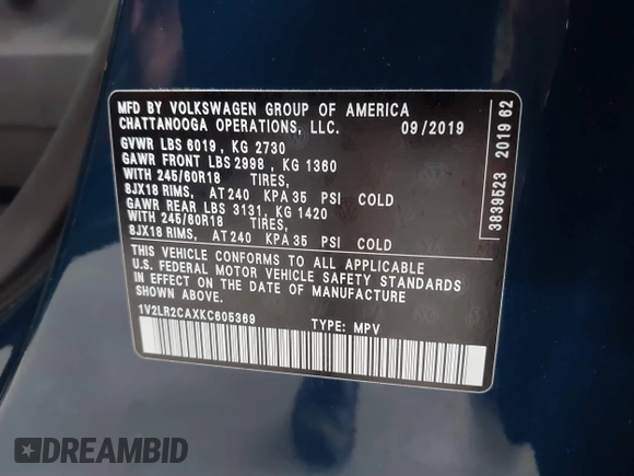 2019 Volkswagen Atlas SE with VIN 1V2LR2CAXKC605369, listed as a IAAI auction lot 39617117 with 74,432 mi miles and . Bid and sale history available at DreamBid. Image 9.