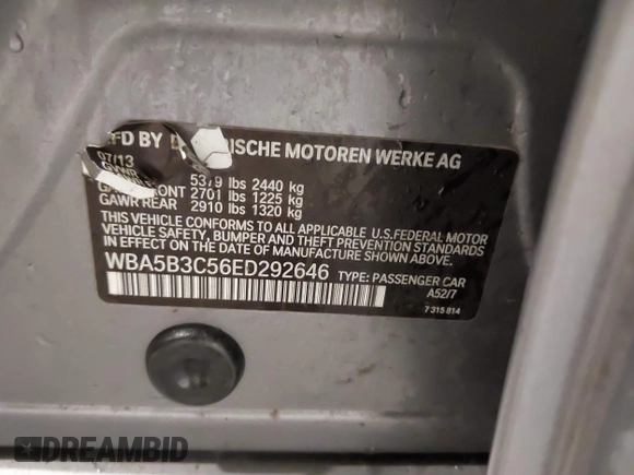2014 BMW 5 Series 535i xDrive with VIN WBA5B3C56ED292646, listed as a IAAI auction lot 41925997 with 157,152 mi miles and . Bid and sale history available at carsss.com. Image 9.