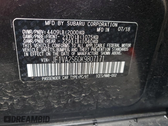 2019 Subaru WRX STI with VIN JF1VA2S60K9807171, listed as a Copart auction lot 47317895 with 39,647 mi miles and Salvage Title. Bid and sale history available at carsss.com. Image 13.