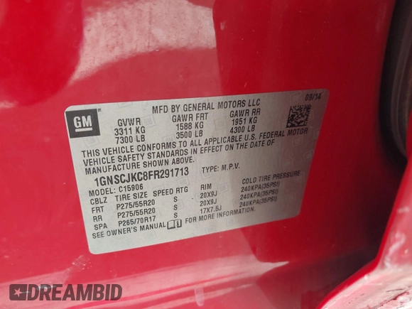 2015 Chevrolet Suburban LT with VIN 1GNSCJKC8FR291713, listed as a IAAI auction lot 42323281 with 226,708 mi miles and . Bid and sale history available at DreamBid. Image 9.