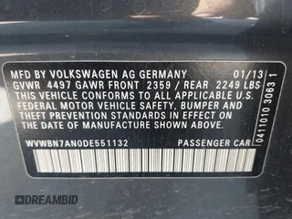 2013 Volkswagen CC Sport with VIN WVWBN7AN0DE551132, listed as a IAAI auction lot 41849514 with 144,557 mi miles. Bid and sale history available at carsss.com. Image 9.