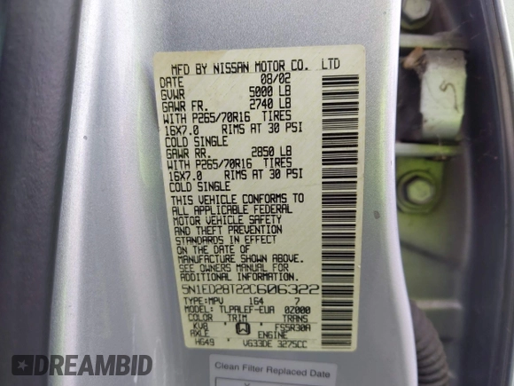 2002 Nissan Xterra XE с VIN 5N1ED28T22C606322, выставлен на аукционе IAAI как лот 42573643 с пробегом 175 602 миль миль и . История ставок и продаж доступна на DreamBid. Изображение 9.