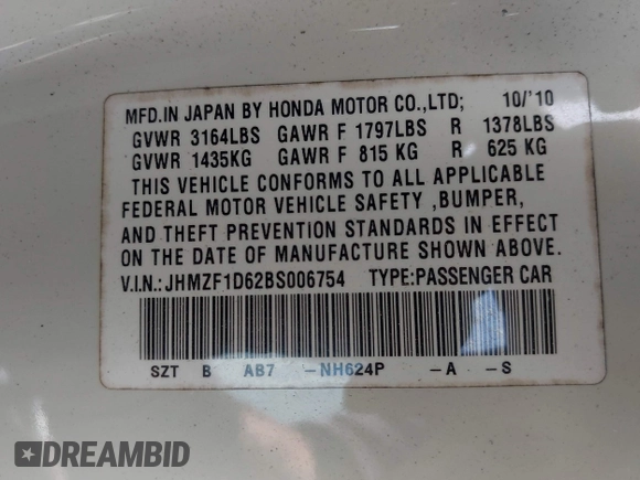 2011 Honda CR-Z EX with VIN JHMZF1D62BS006754, listed as a IAAI auction lot 41922006 with 220,598 mi miles and . Bid and sale history available at carsss.com. Image 9.