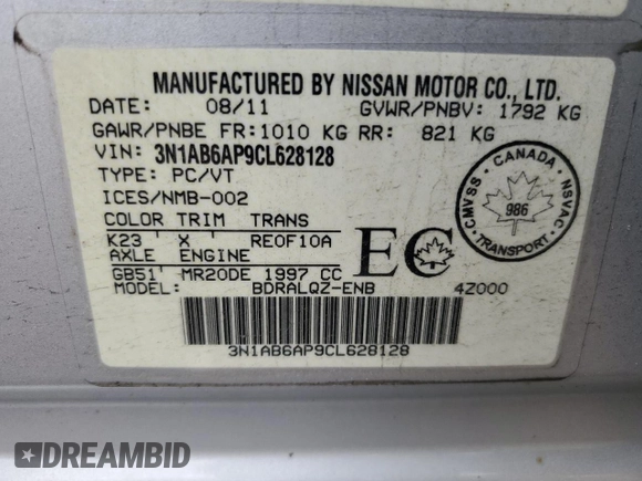 2012 Nissan Sentra SR z VIN 3N1AB6AP9CL628128, wystawiony jako Copart lot #56981005 z przebiegiem 309 001 mil mil oraz Czysty tytuł • Clean title. Historia ofert i sprzedaży dostępna na DreamBid. Obrazek 12.