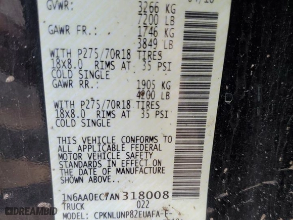 2010 Nissan Titan SE with VIN 1N6AA0EC7AN318008, listed as a Copart auction lot 79498734 with 127,603 mi miles and Salvage Title. Bid and sale history available at carsss.com. Image 12.