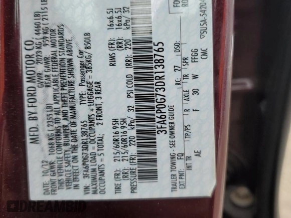 2013 Ford Fusion S with VIN 3FA6P0G73DR138765, listed as a Copart auction lot 87847235 with 53,958 mi miles and Salvage Title. Bid and sale history available at carsss.com. Image 12.