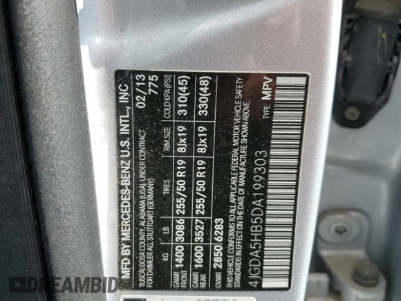 2013 Mercedes-Benz M ML 350 with VIN 4JGDA5HB5DA199303, listed as a Copart auction lot 54686075 with 89,994 mi miles and Clean Title. Bid and sale history available at carsss.com. Image 13.