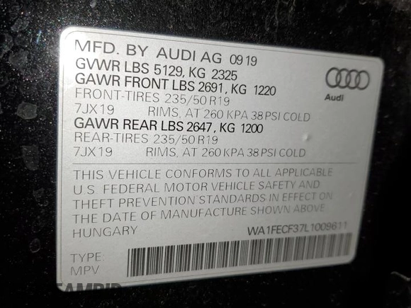 2020 Audi Q3 S line Prestige with VIN WA1FECF37L1009611, listed as a Copart auction lot 79943614 with 64,996 mi miles and Salvage Title. Bid and sale history available at carsss.com. Image 13.