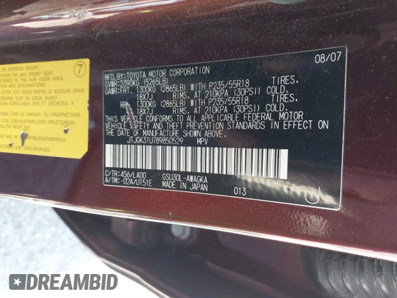 2008 Lexus RX 350 with VIN JTJGK31U789850529, listed as a IAAI auction lot 41211567 with 202,855 mi miles and . Bid and sale history available at DreamBid. Image 9.