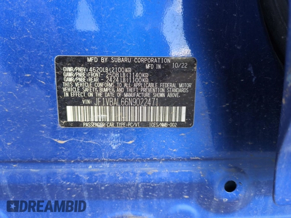 2022 Subaru WRX Limited with VIN JF1VBAL66N9022471, listed as a Copart auction lot 54058415 with 21,239 mi miles and Salvage title. Bid and sale history available at DreamBid. Image 13.