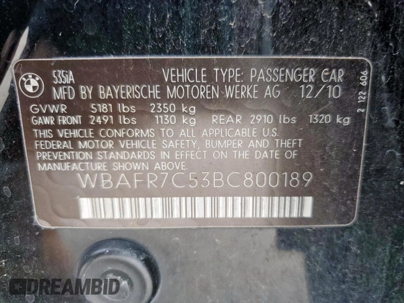 2011 BMW 5 Series 535i z VIN WBAFR7C53BC800189, wystawiony jako Copart lot #56293035 z przebiegiem 201 440 mil mil oraz Szkody całkowita. Historia ofert i sprzedaży dostępna na DreamBid. Obrazek 12.