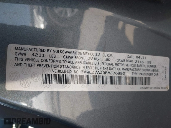 2011 Volkswagen Jetta SEL with VIN 3VWLZ7AJ0BM376892, listed as a IAAI auction lot 42185309 with 130,287 mi miles and . Bid and sale history available at DreamBid. Image 9.